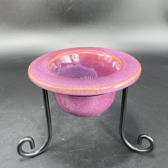 Contemporary Purple Glaze Ceramic Flower Frog On A Black Metal Holder Decorative - Picture 11 of 12